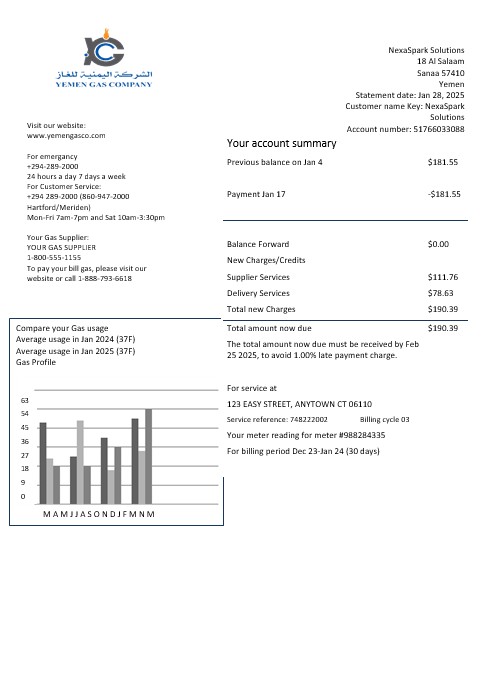 Yemen Gas Company business utility bill template in Word and PDF formats
